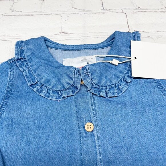 NEW Zara 6-9 mos Ruffle Collared Chambray Denim Button Up 100% Cotton - Picture 3 of 7